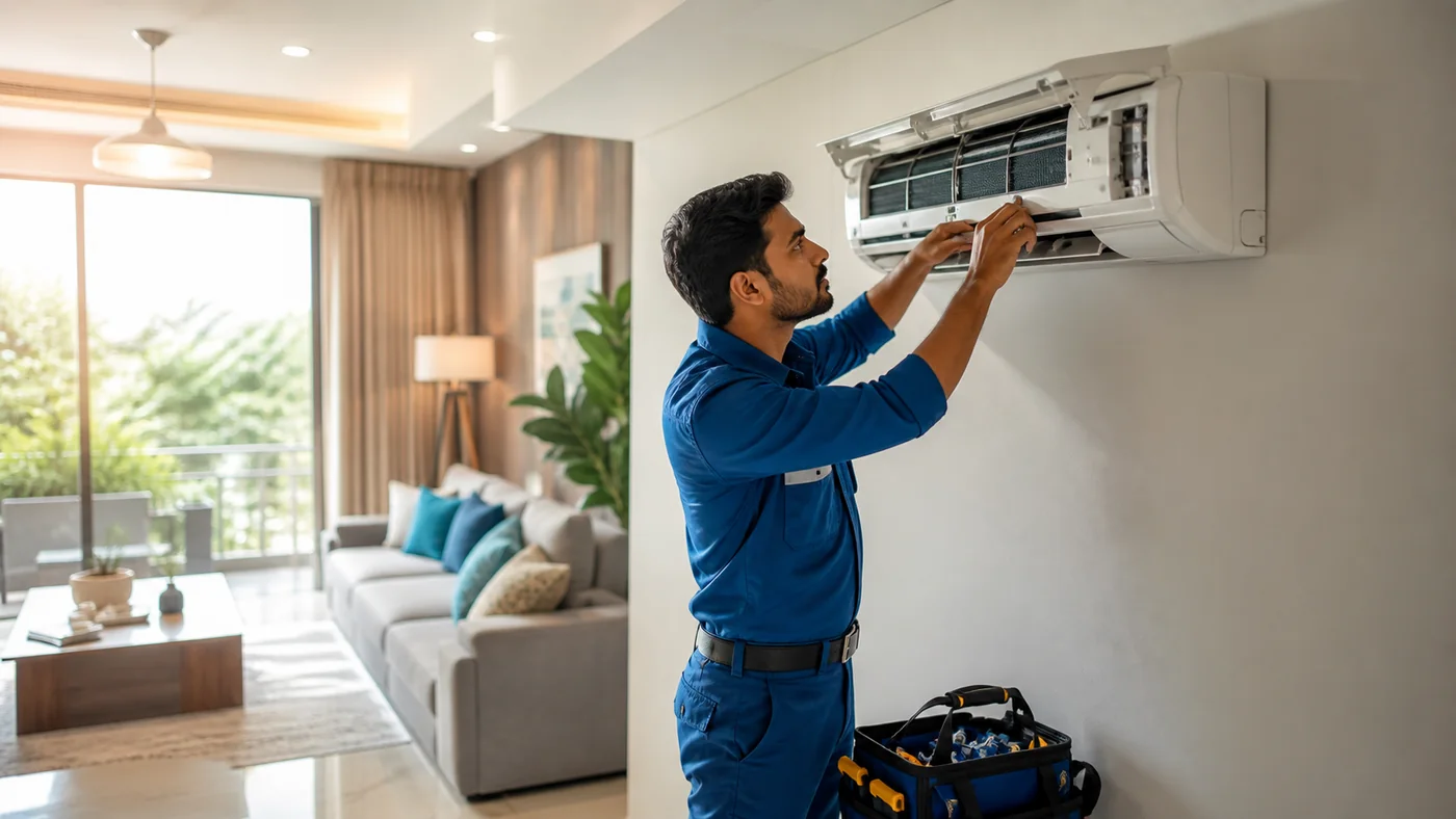 AC service technician repairing split AC in Pudukkottai and Thanjavur